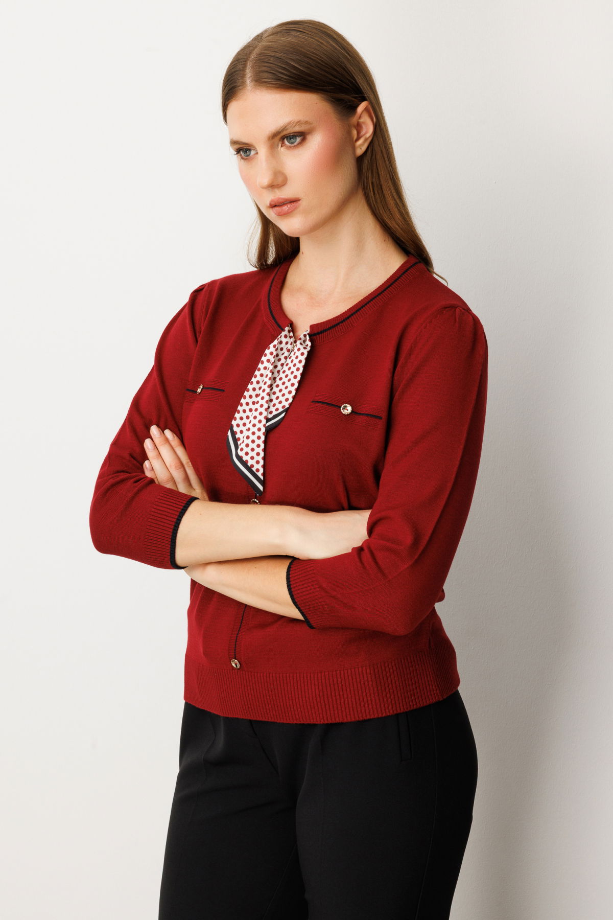 On Kadın Yakası Fularlı Triko Kazak 65352 Bordo - 2