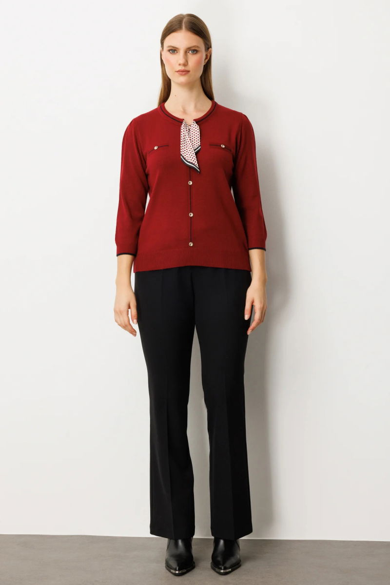 On Kadın Yakası Fularlı Triko Kazak 65352 Bordo - 3