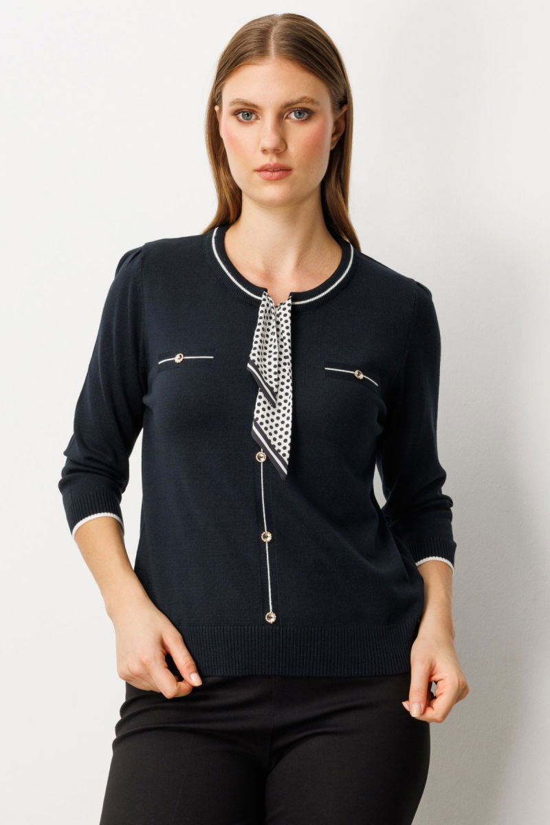 On Kadın Yakası Fularlı Triko Kazak 65352 Siyah - On