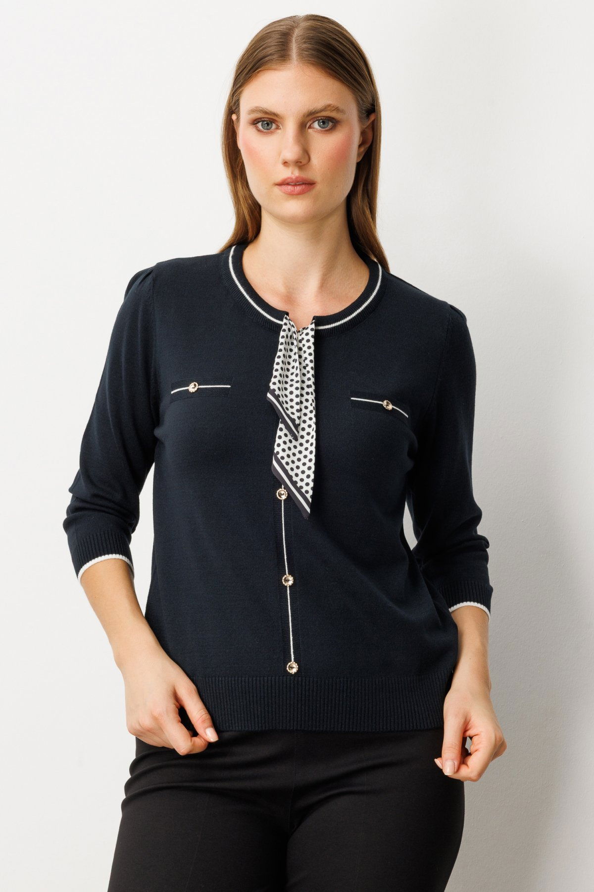 On Kadın Yakası Fularlı Triko Kazak 65352 Siyah - 1