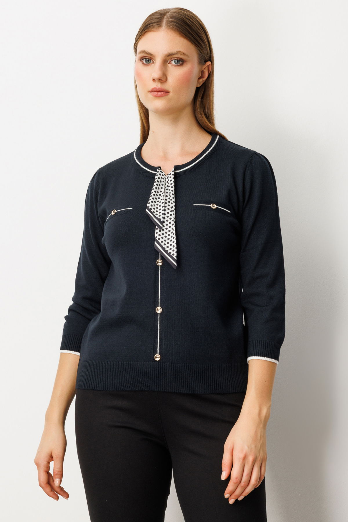 On Kadın Yakası Fularlı Triko Kazak 65352 Siyah - 2