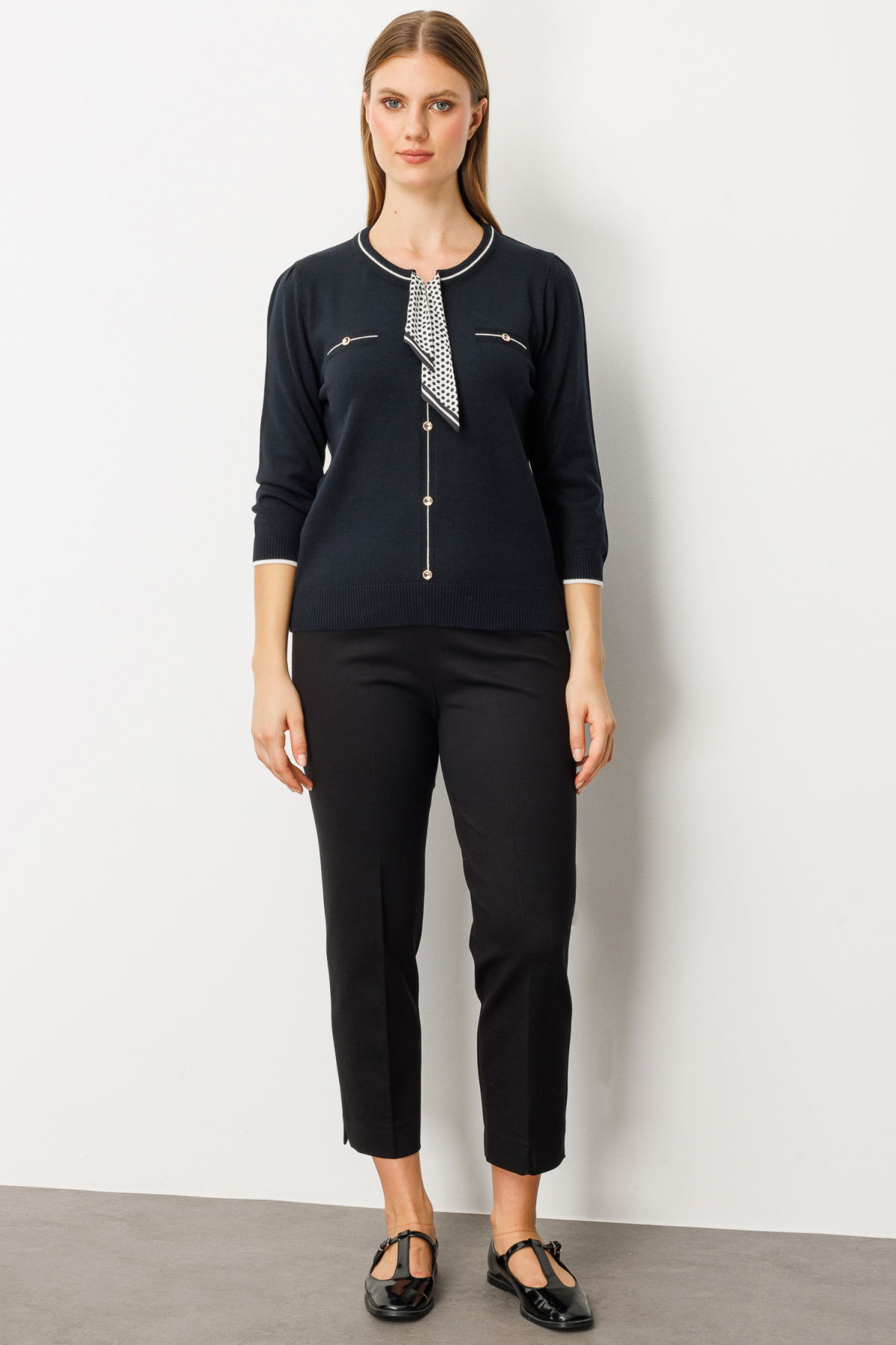 On Kadın Yakası Fularlı Triko Kazak 65352 Siyah - 3