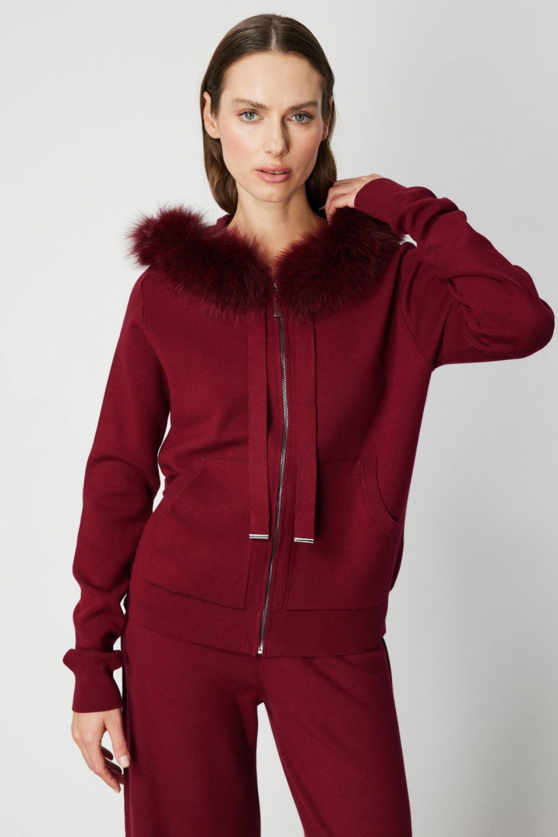 On Kadın Yakası Kürklü Fermuarlı Triko Hırka 63918 Bordo - On