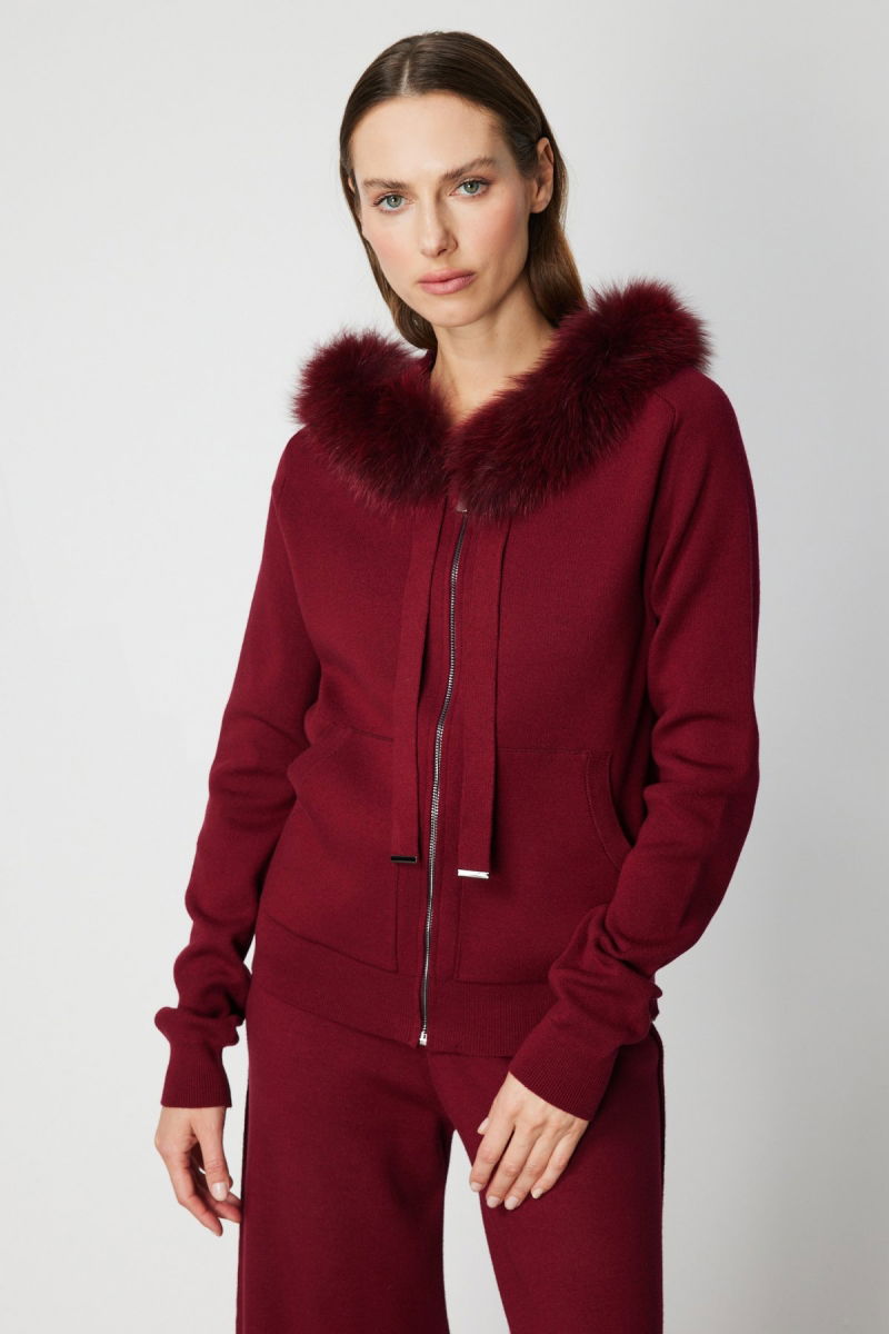 On Kadın Yakası Kürklü Fermuarlı Triko Hırka 63918 Bordo - 2