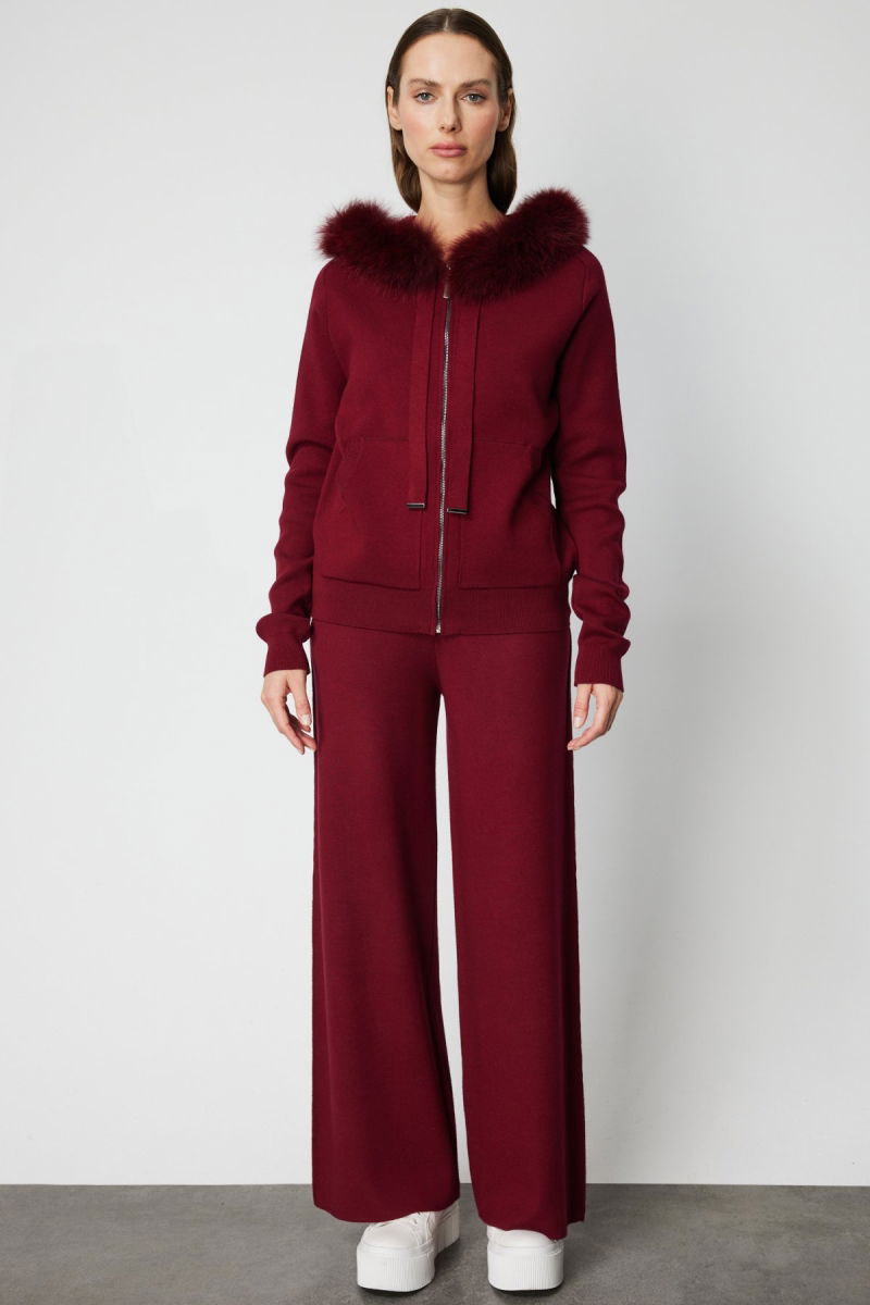 On Kadın Yakası Kürklü Fermuarlı Triko Hırka 63918 Bordo - 3