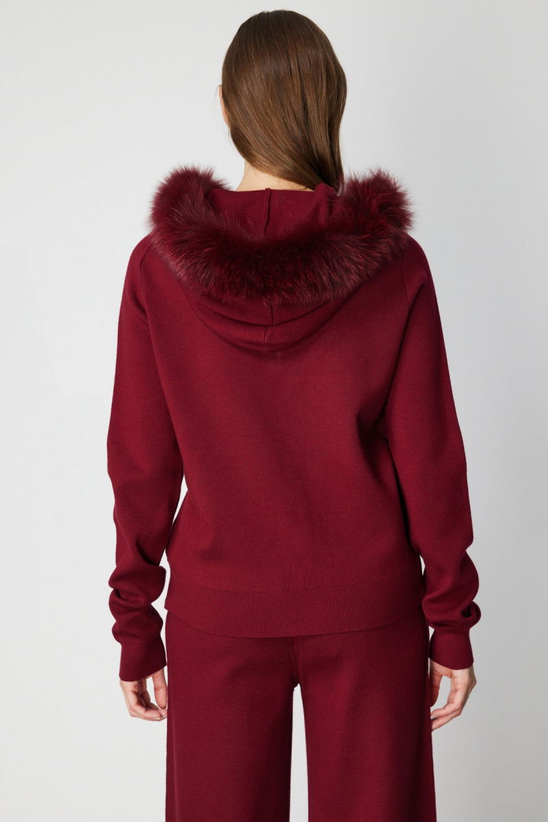 On Kadın Yakası Kürklü Fermuarlı Triko Hırka 63918 Bordo - 4