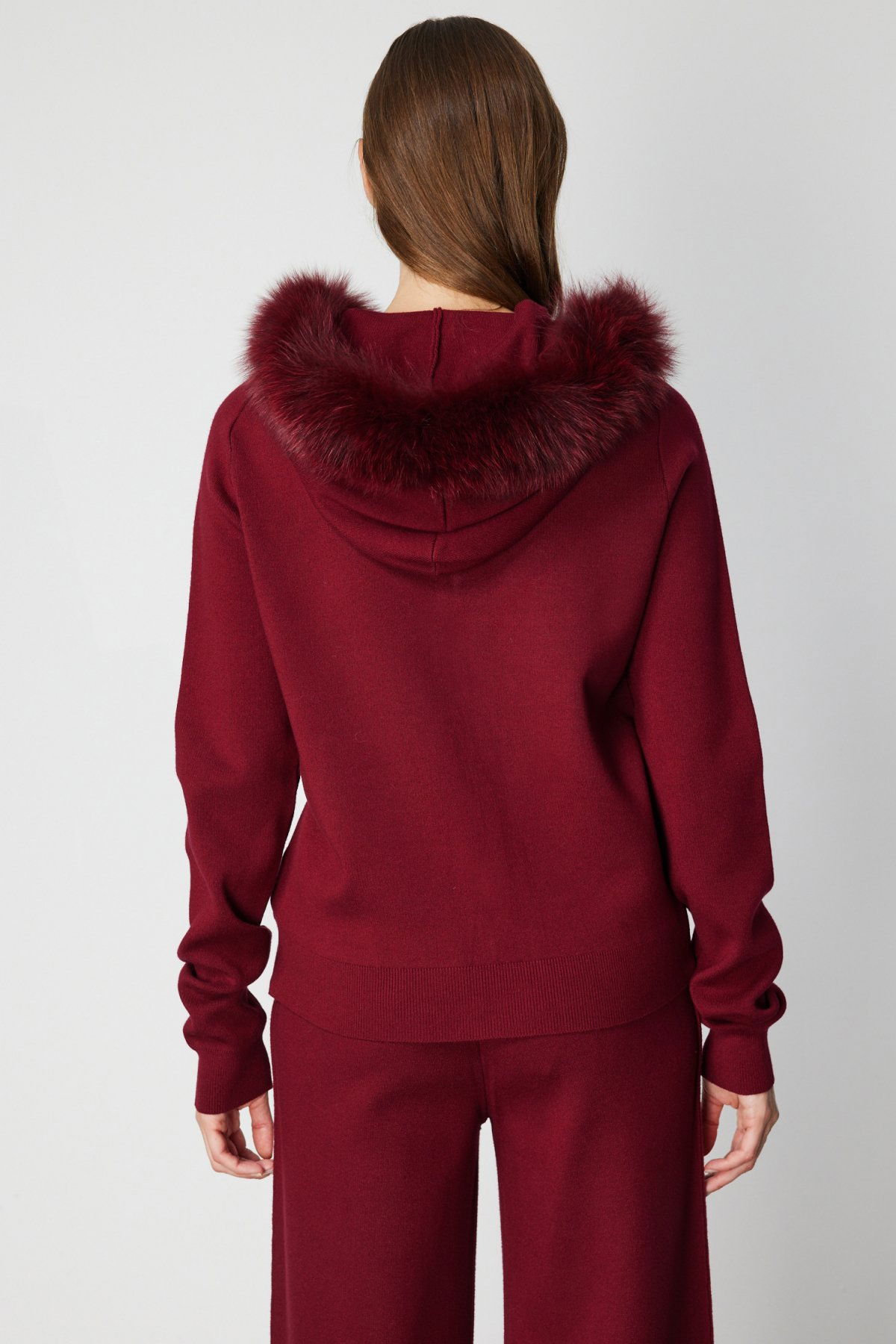 On Kadın Yakası Kürklü Fermuarlı Triko Hırka 63918 Bordo - 4