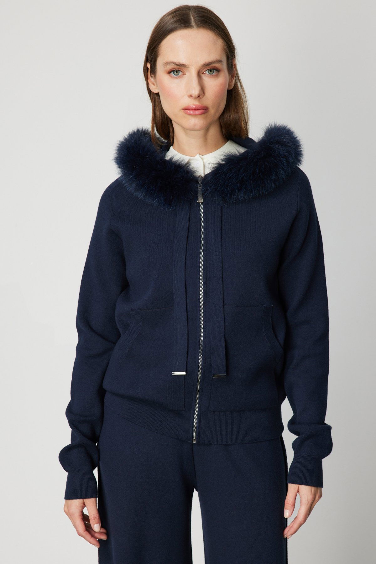 On Kadın Yakası Kürklü Fermuarlı Triko Hırka 63918 Lacivert - 1