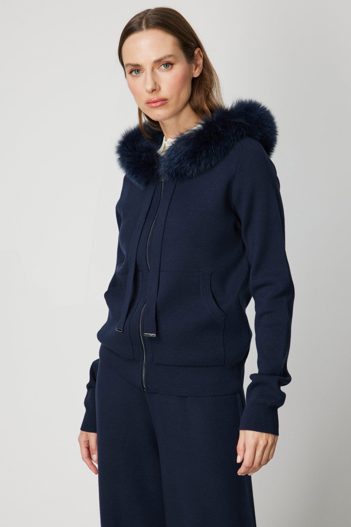 On Kadın Yakası Kürklü Fermuarlı Triko Hırka 63918 Lacivert - 2