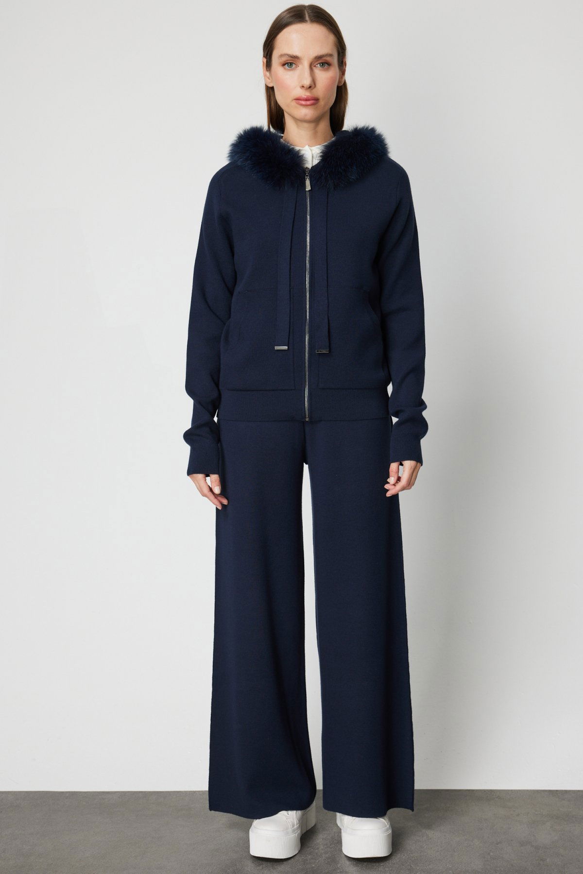 On Kadın Yakası Kürklü Fermuarlı Triko Hırka 63918 Lacivert - 3