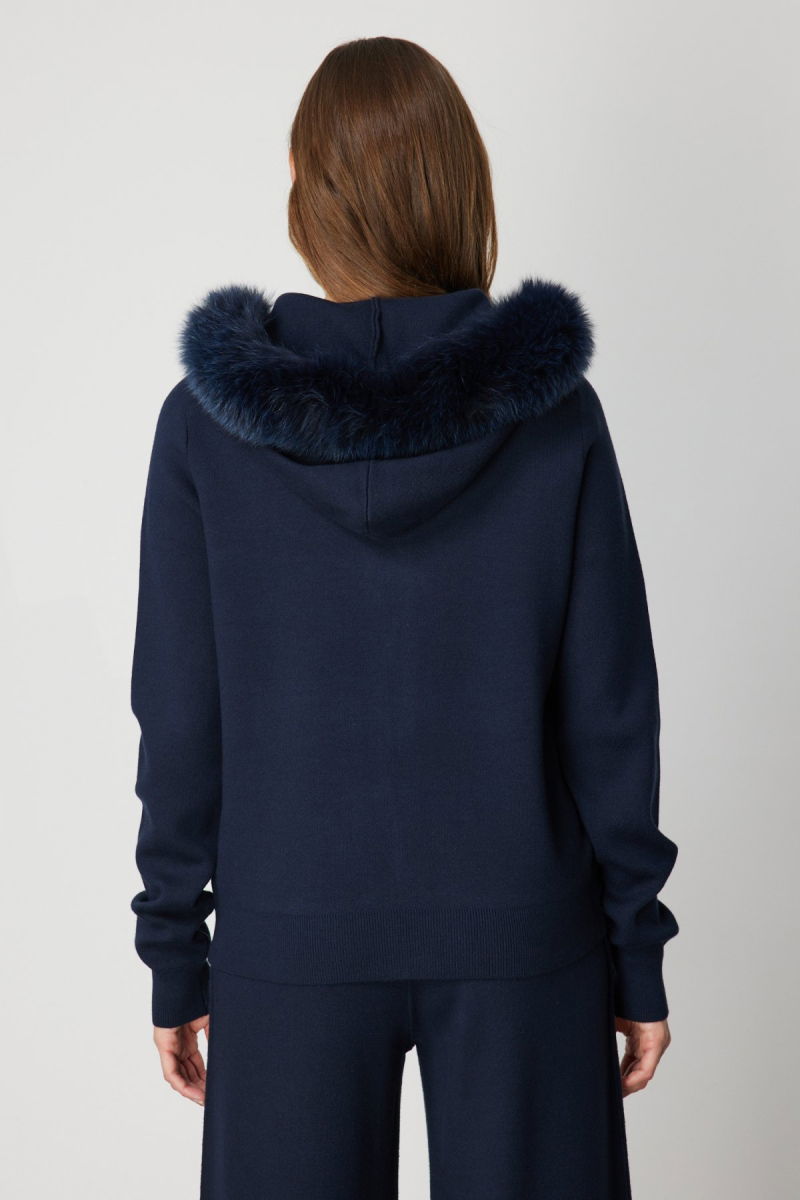 On Kadın Yakası Kürklü Fermuarlı Triko Hırka 63918 Lacivert - 4