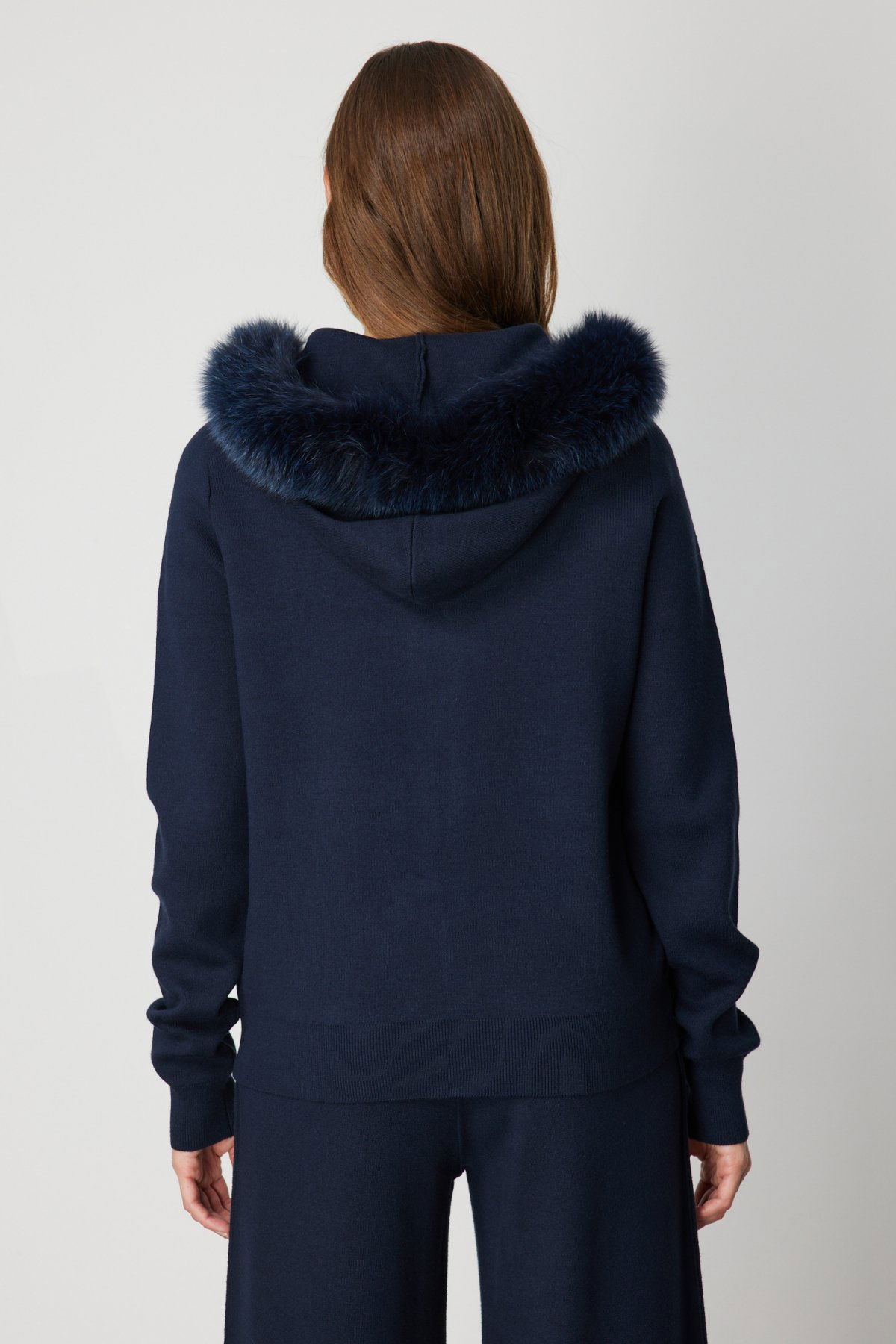 On Kadın Yakası Kürklü Fermuarlı Triko Hırka 63918 Lacivert - 4