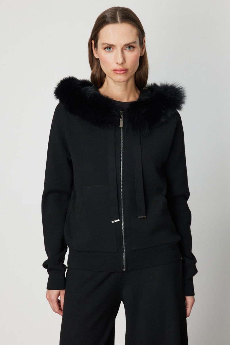 On Kadın Yakası Kürklü Fermuarlı Triko Hırka 63918 Siyah 