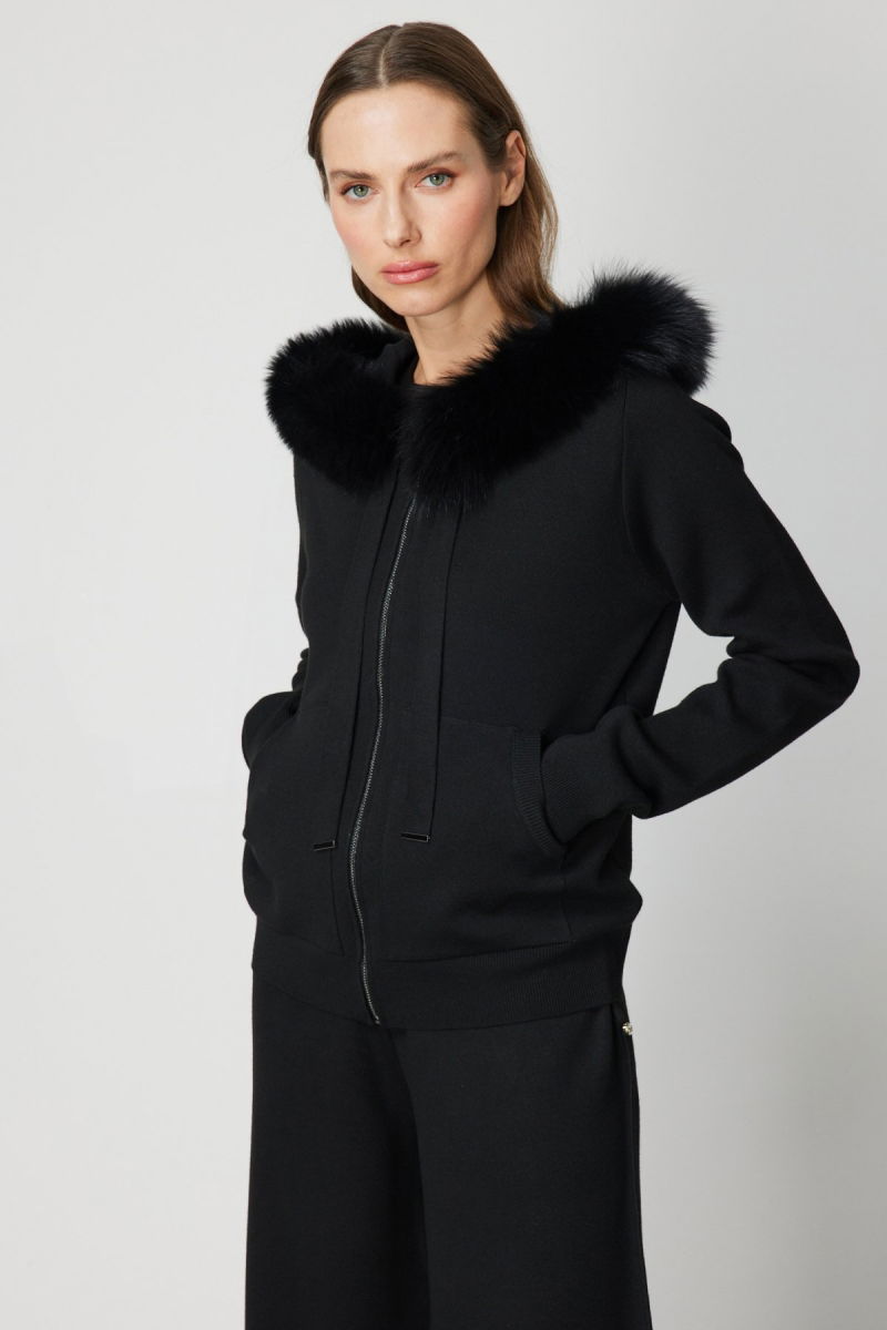 On Kadın Yakası Kürklü Fermuarlı Triko Hırka 63918 Siyah - 2