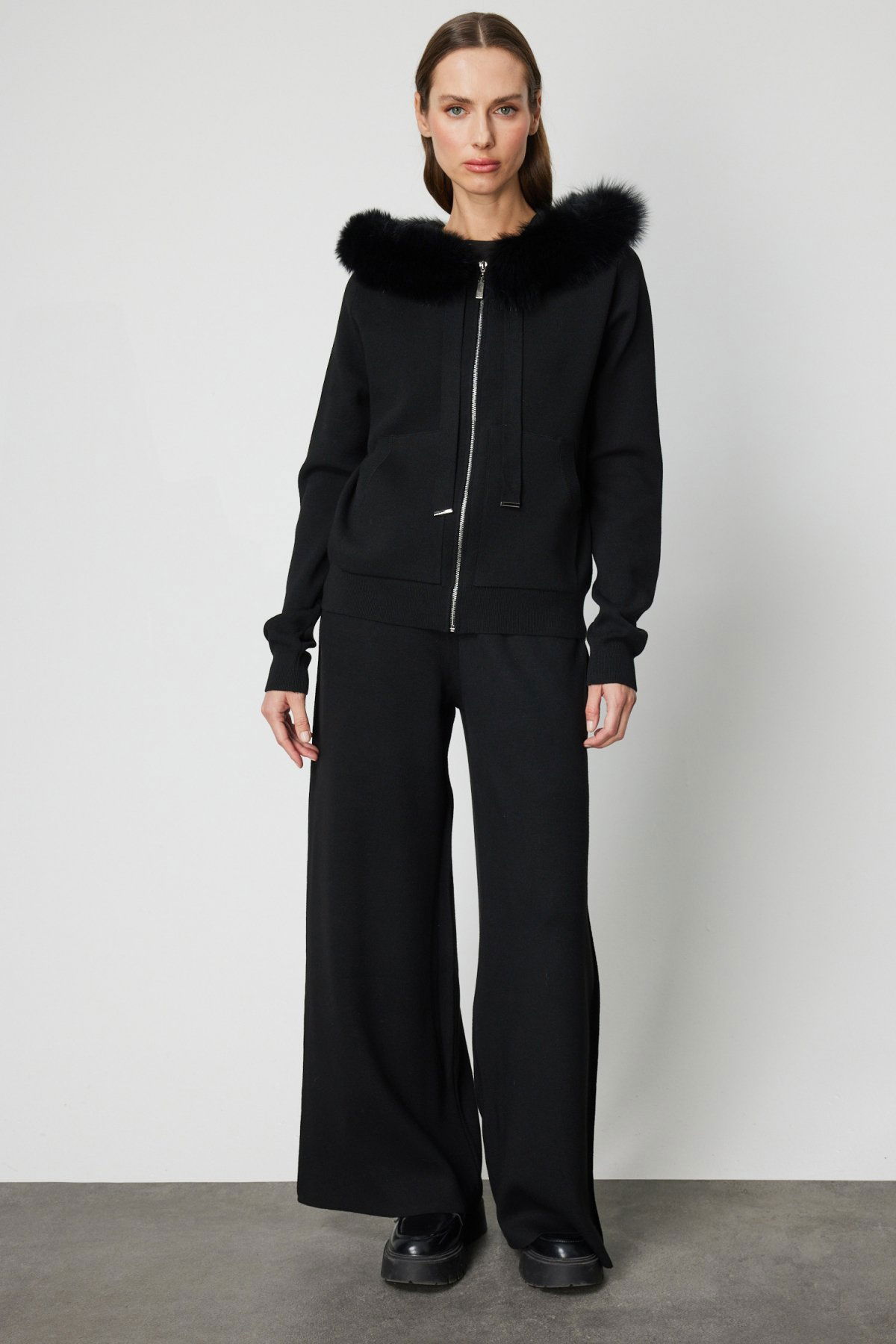 On Kadın Yakası Kürklü Fermuarlı Triko Hırka 63918 Siyah - 3