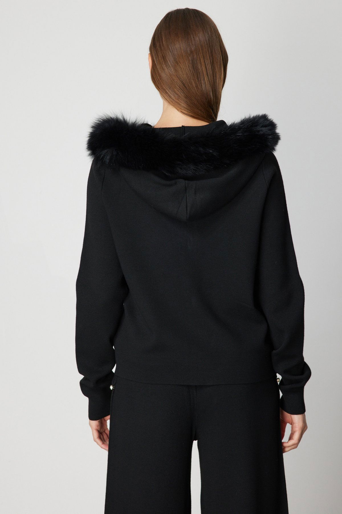 On Kadın Yakası Kürklü Fermuarlı Triko Hırka 63918 Siyah - 4