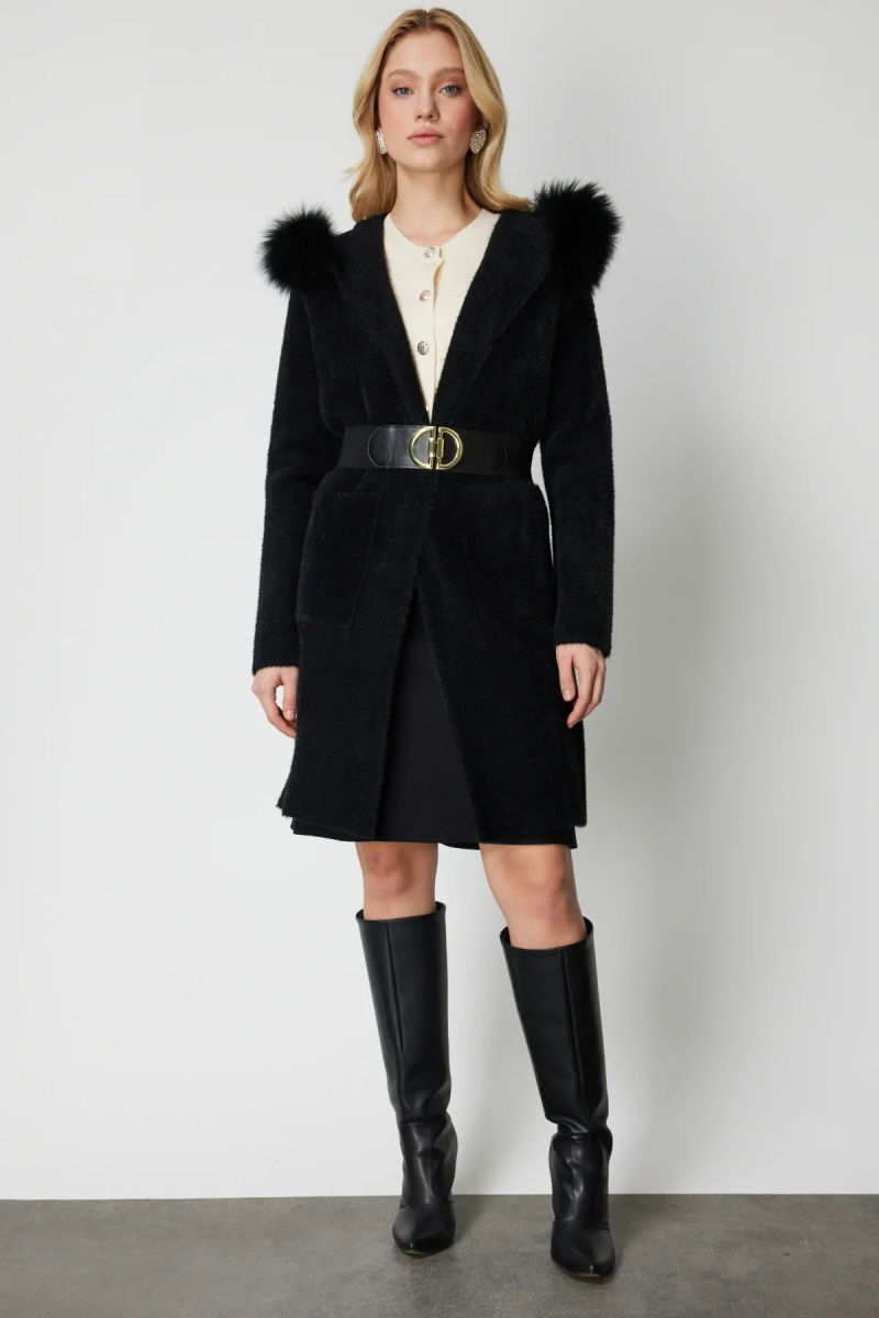 On Kadın Yakası Kürklü Peluş Hırka 63911 Siyah - 4