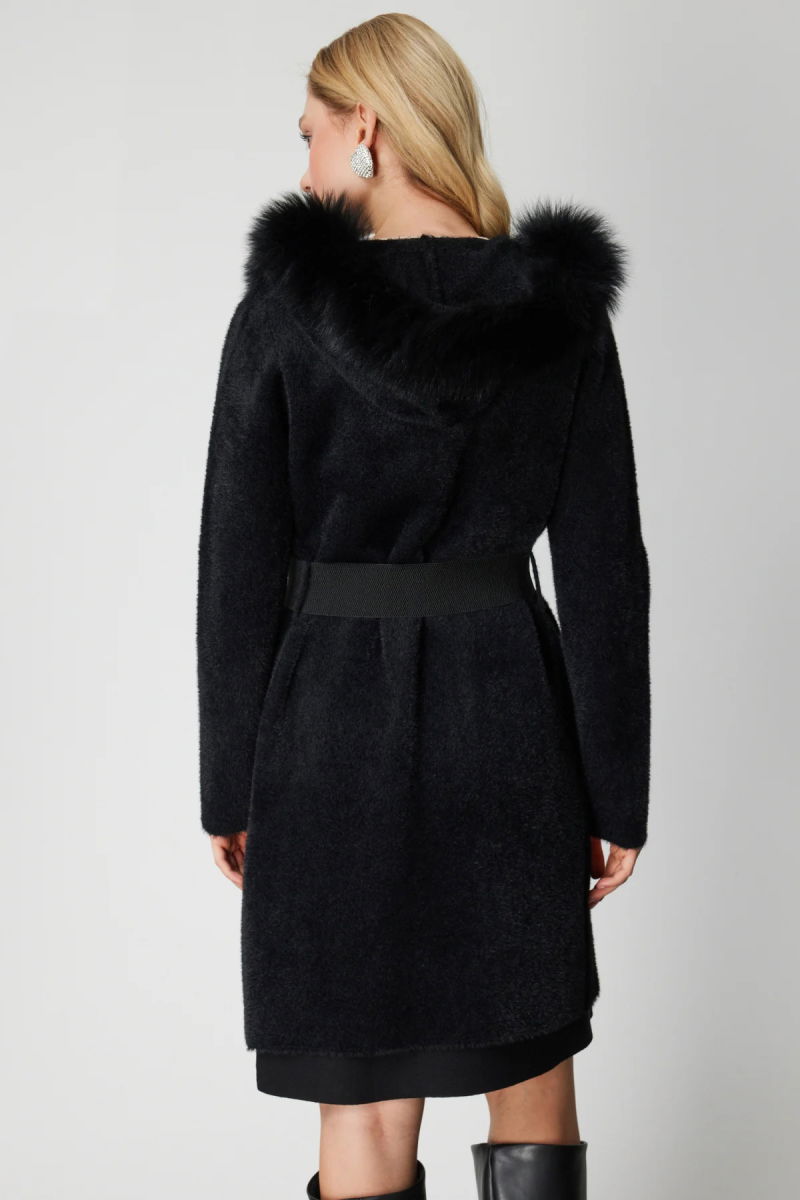 On Kadın Yakası Kürklü Peluş Hırka 63911 Siyah - 5