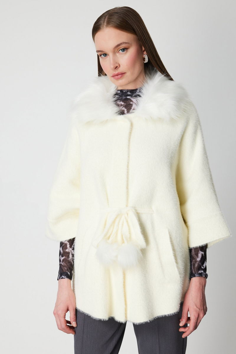 On Kadın Yakası Kürklü Peluş Hırka 63915 Ekru - 2