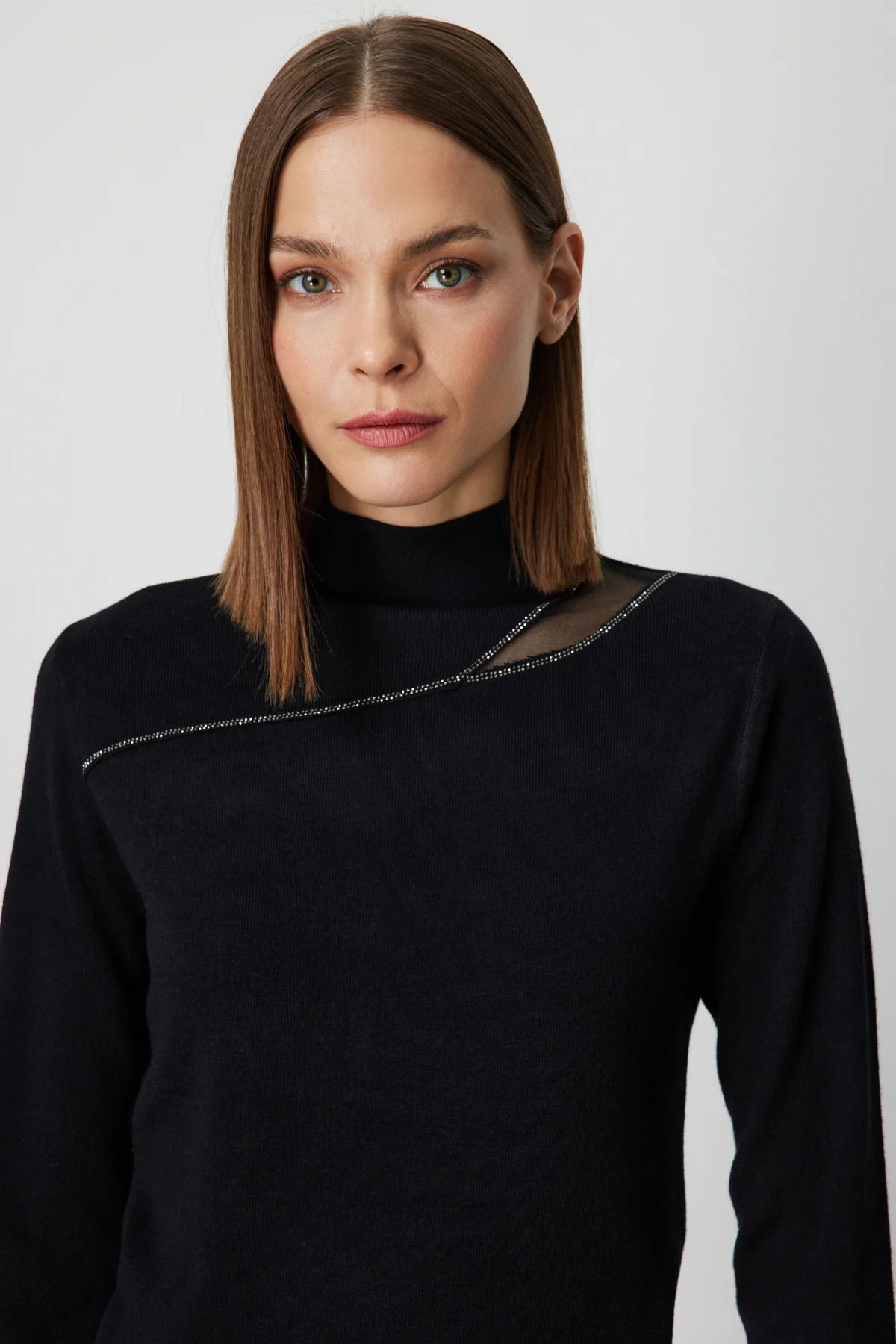On Kadın Yakası Taşlı Dik Yaka Triko Kazak 60485 Siyah - 2