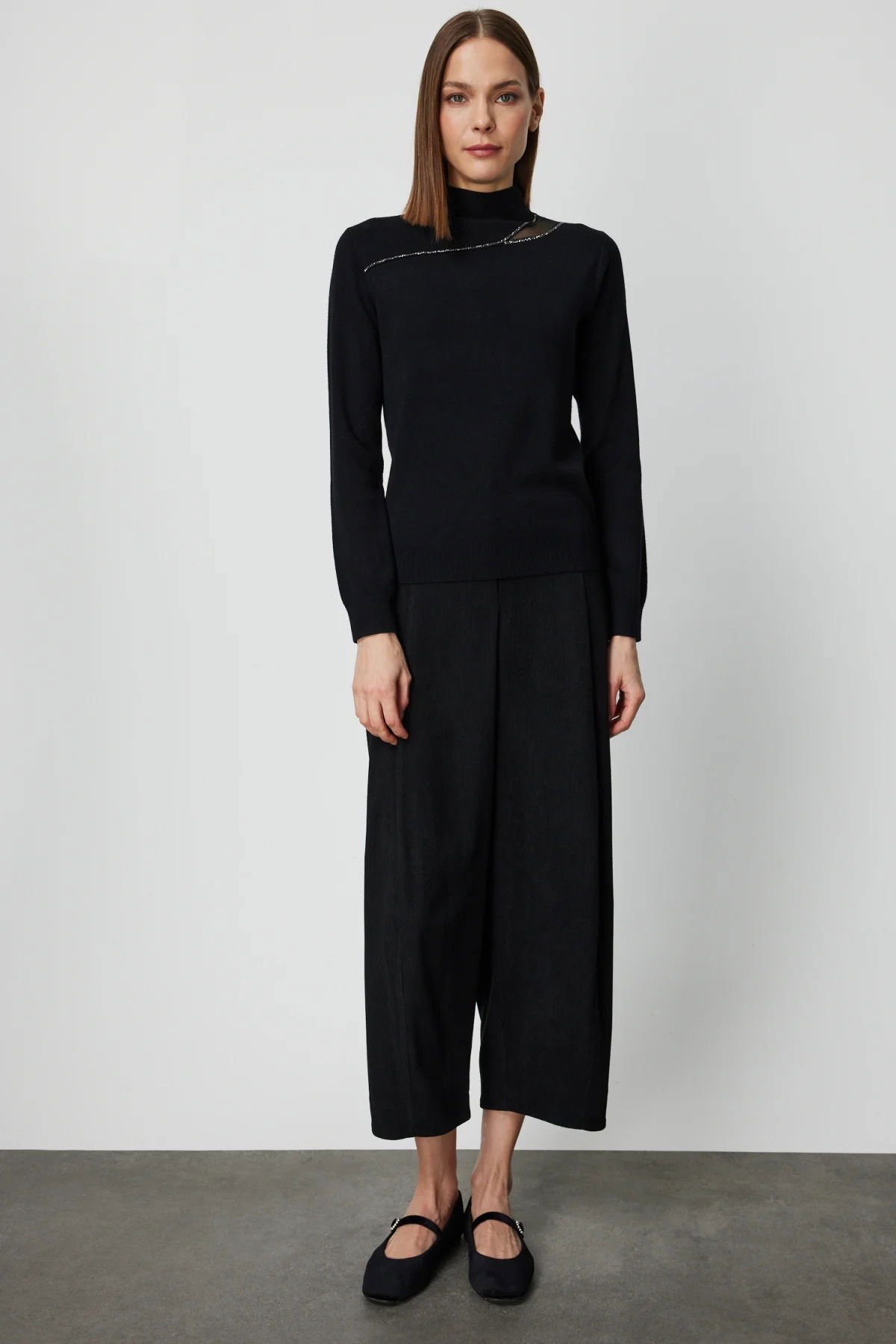 On Kadın Yakası Taşlı Dik Yaka Triko Kazak 60485 Siyah - 3