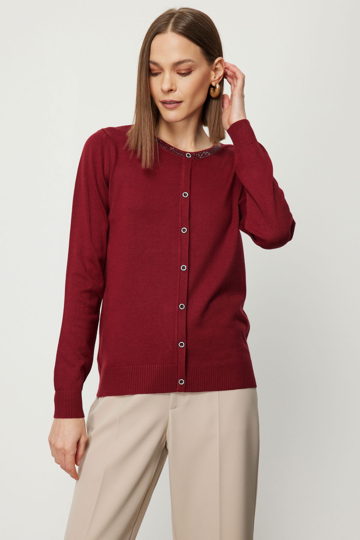 On Kadın Yakası Taşlı Düğmeli Triko Kazak 65393 Bordo - 2