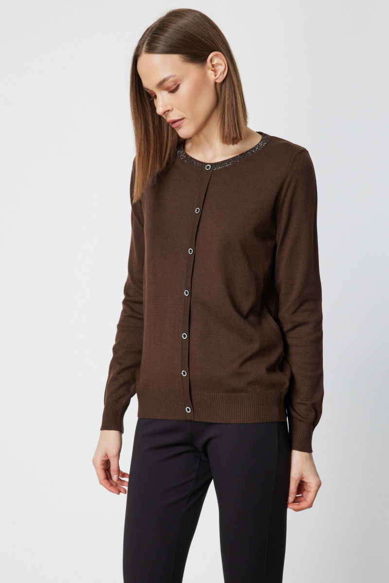 On Kadın Yakası Taşlı Düğmeli Triko Kazak 65393 Kahverengi - 2