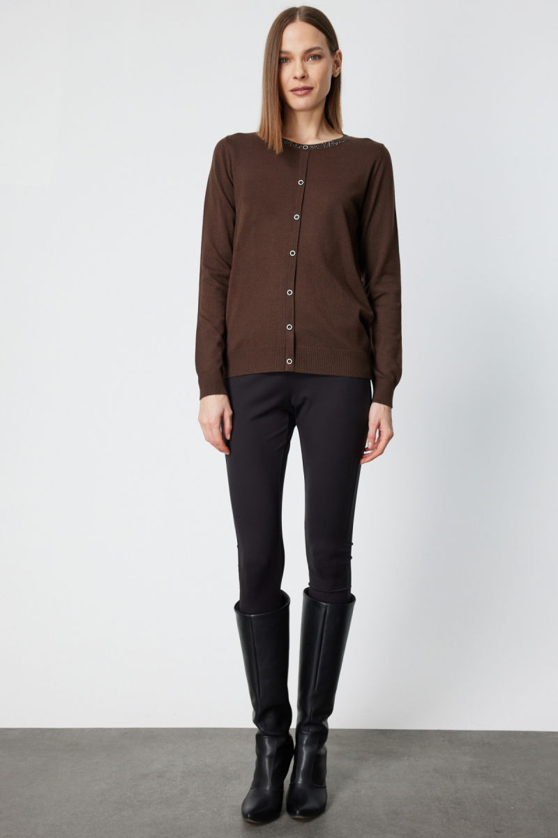 On Kadın Yakası Taşlı Düğmeli Triko Kazak 65393 Kahverengi - 3