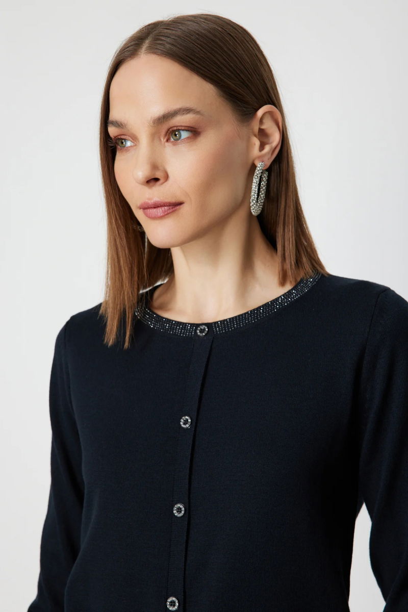 On Kadın Yakası Taşlı Düğmeli Triko Kazak 65393 Siyah - 2