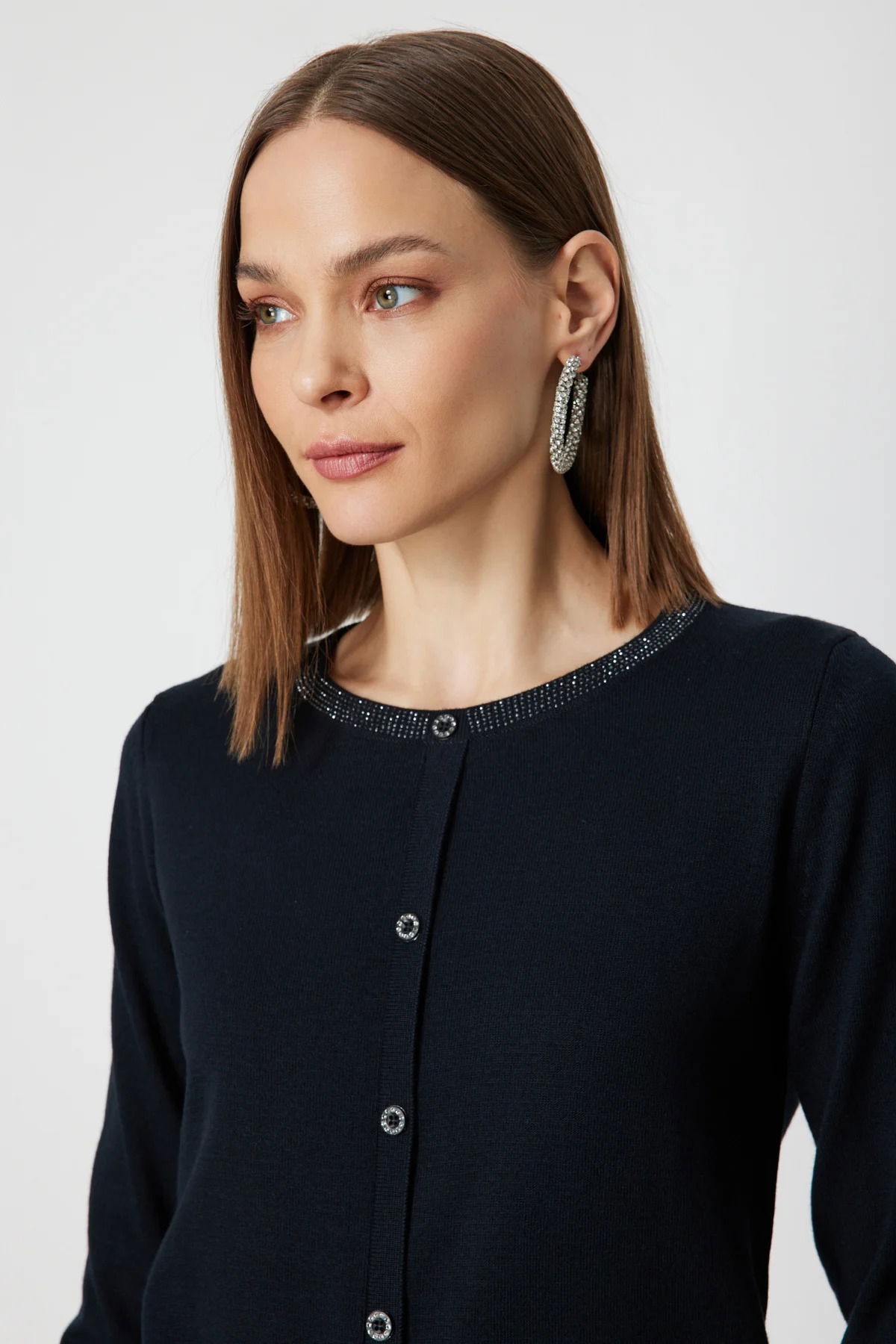 On Kadın Yakası Taşlı Düğmeli Triko Kazak 65393 Siyah - 2