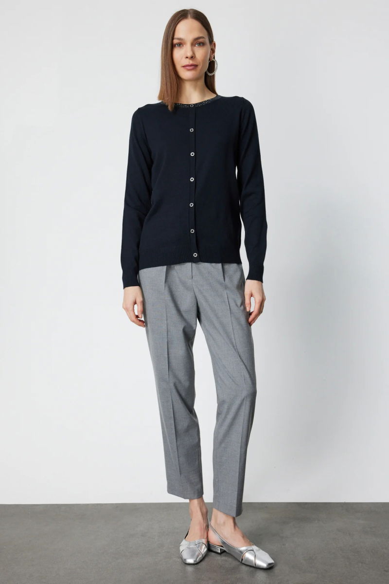 On Kadın Yakası Taşlı Düğmeli Triko Kazak 65393 Siyah - 3