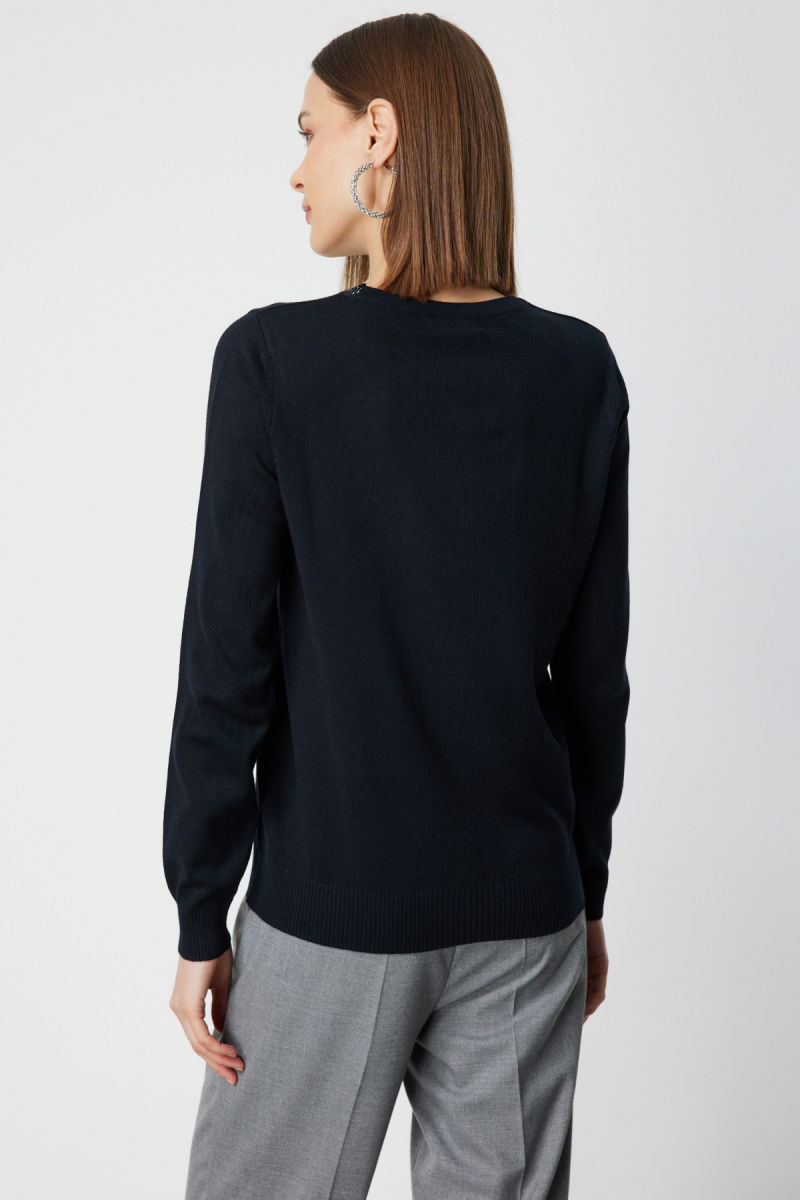 On Kadın Yakası Taşlı Düğmeli Triko Kazak 65393 Siyah - 4