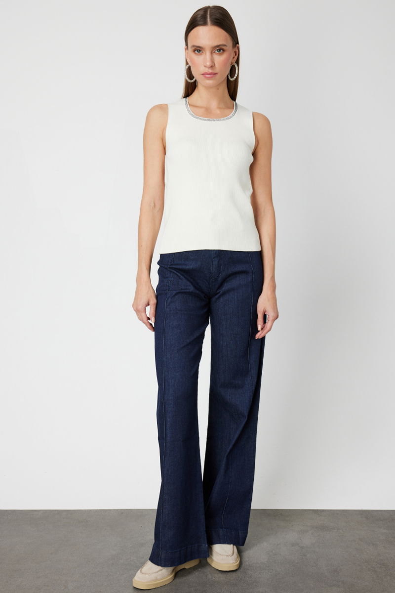 On Kadın Yakası Taşlı Kolsuz Triko Kazak 65394 Ekru - 3