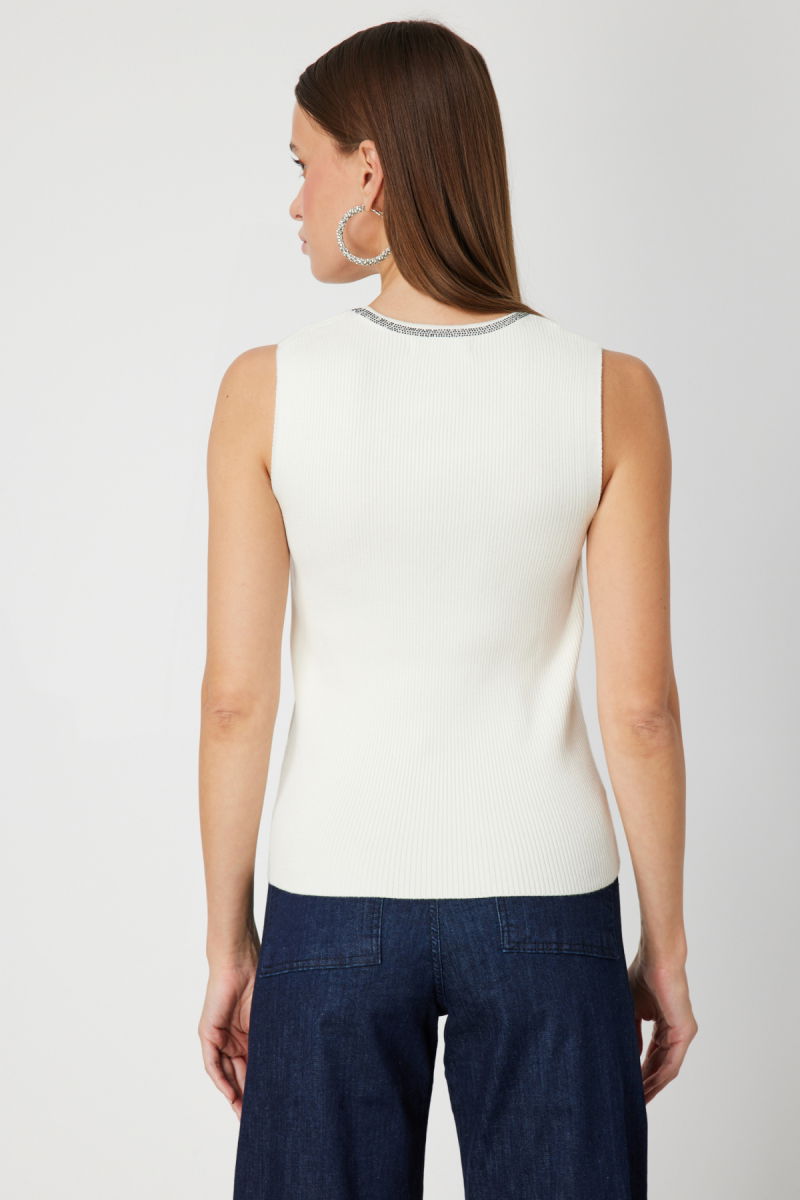 On Kadın Yakası Taşlı Kolsuz Triko Kazak 65394 Ekru - 4