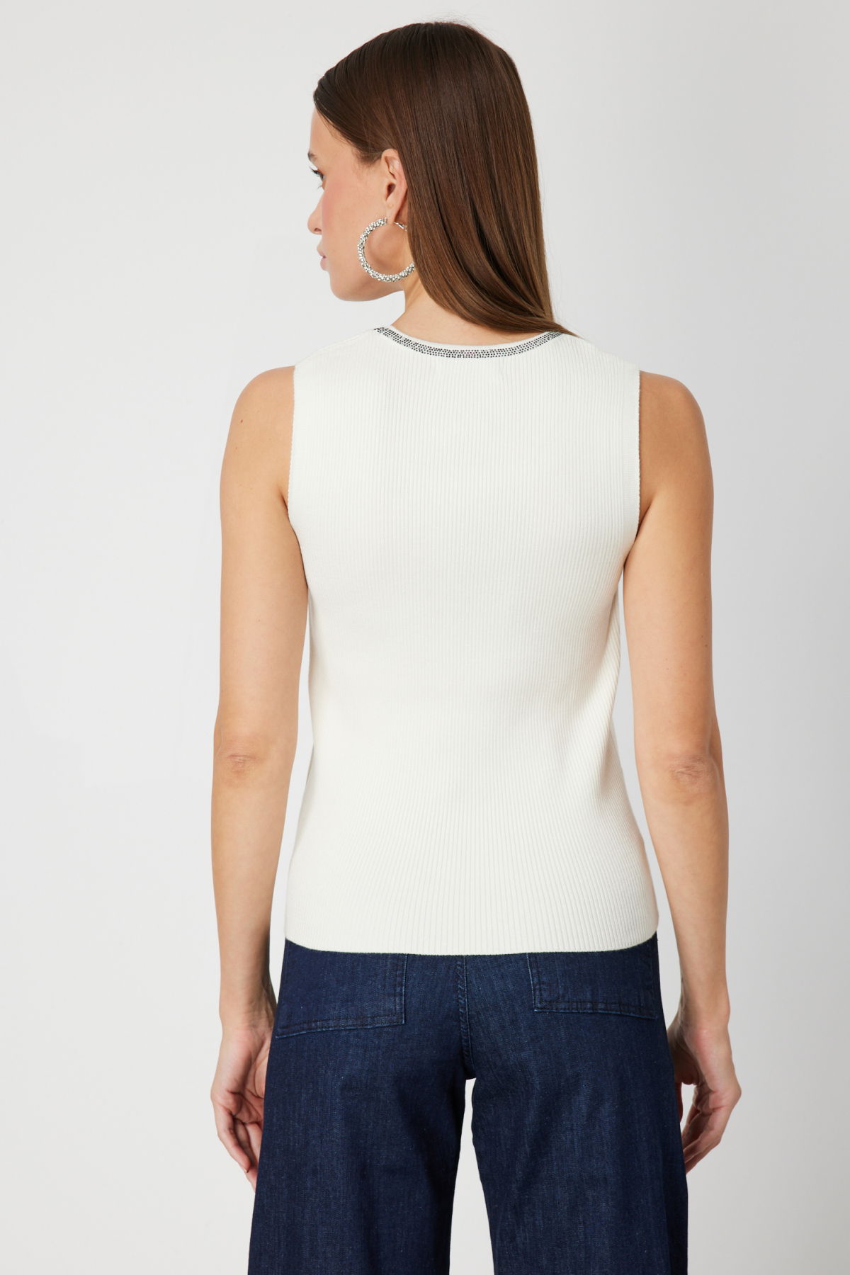 On Kadın Yakası Taşlı Kolsuz Triko Kazak 65394 Ekru - 4