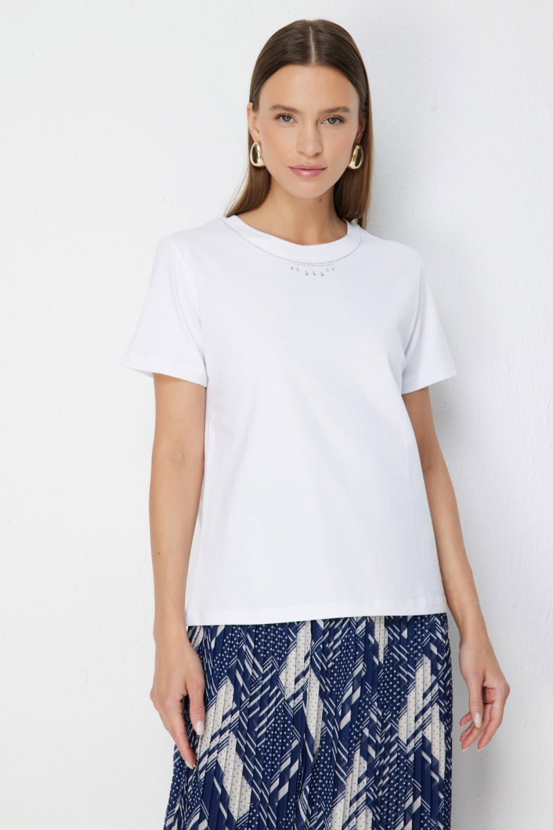 On Kadın Yakası Taşlı Pamuklu T-Shirt 71345 Beyaz - On