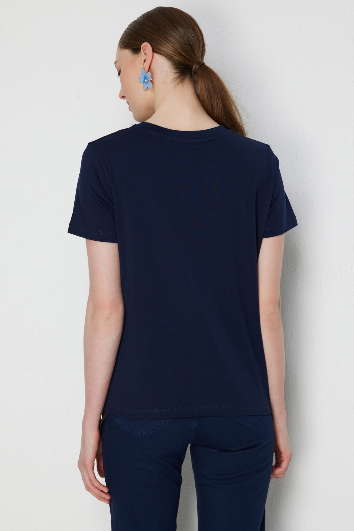 On Kadın Yakası Taşlı Pamuklu T-Shirt 71345 Lacivert - 4