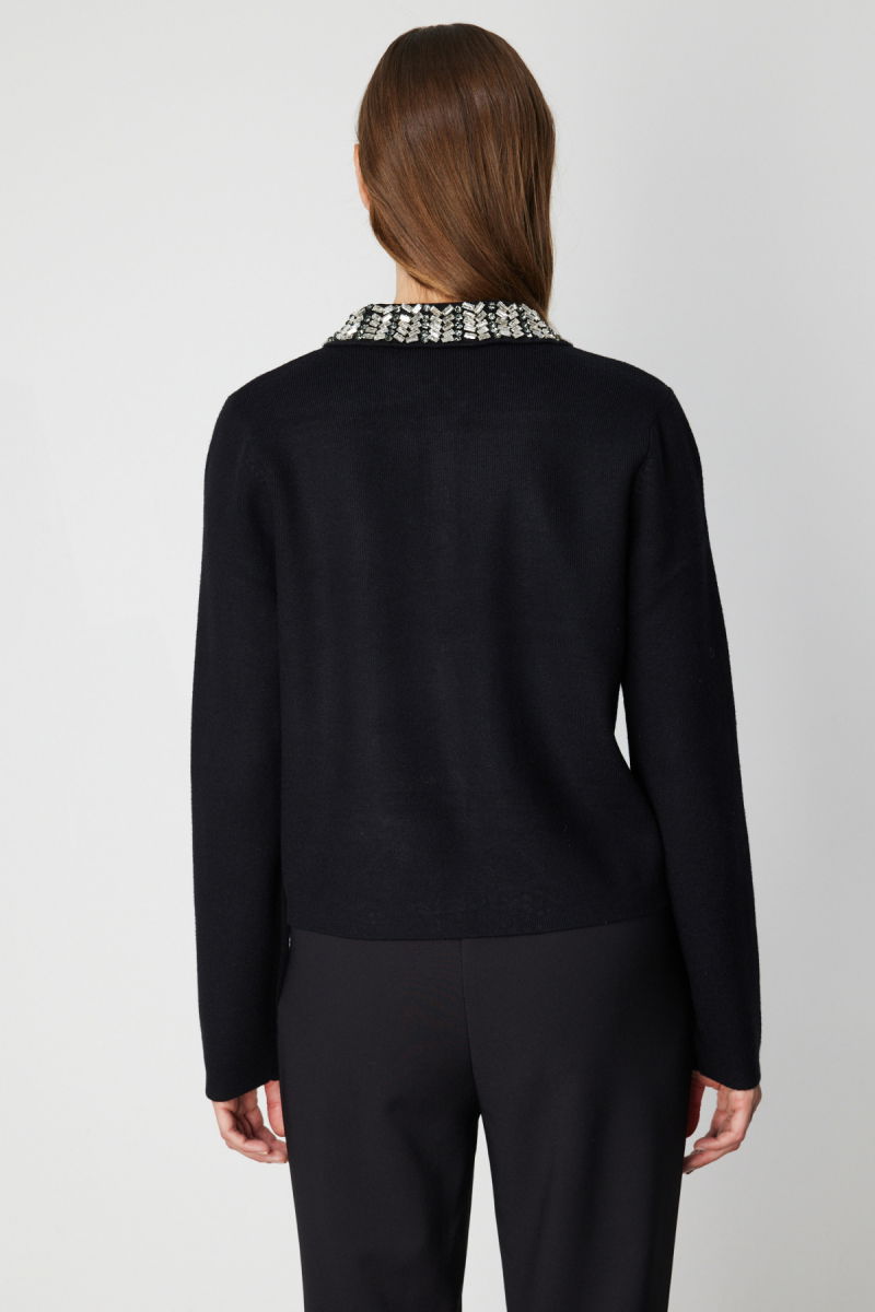 On Kadın Yakası Taşlı Torba Cepli Hırka 60907 Siyah - 4