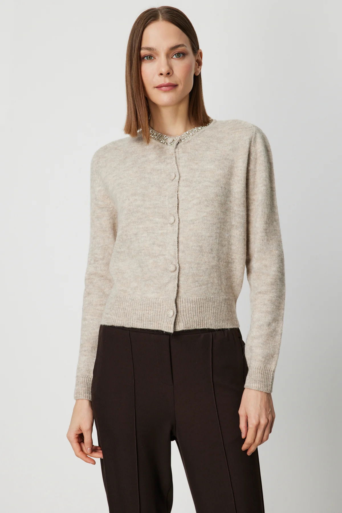 On Kadın Yakası Taşlı Triko Hırka 63927 Bej - 1