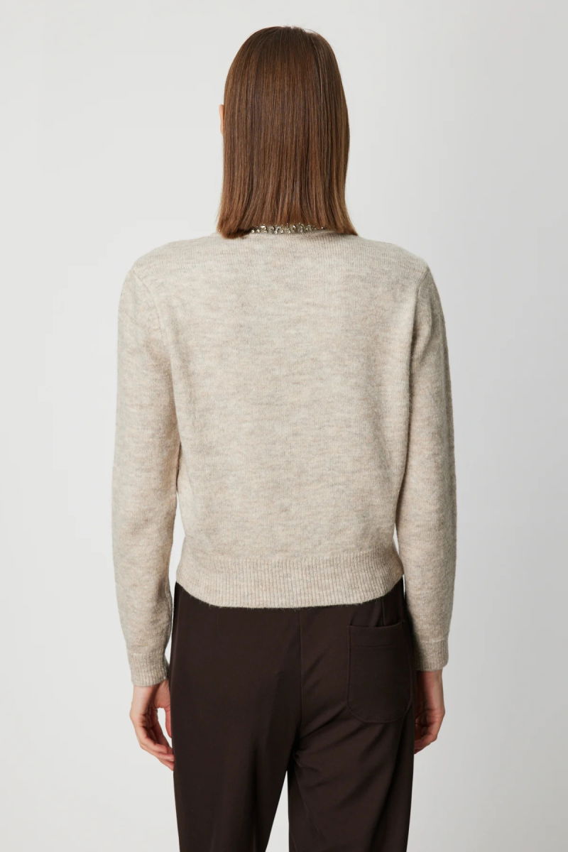 On Kadın Yakası Taşlı Triko Hırka 63927 Bej - 4