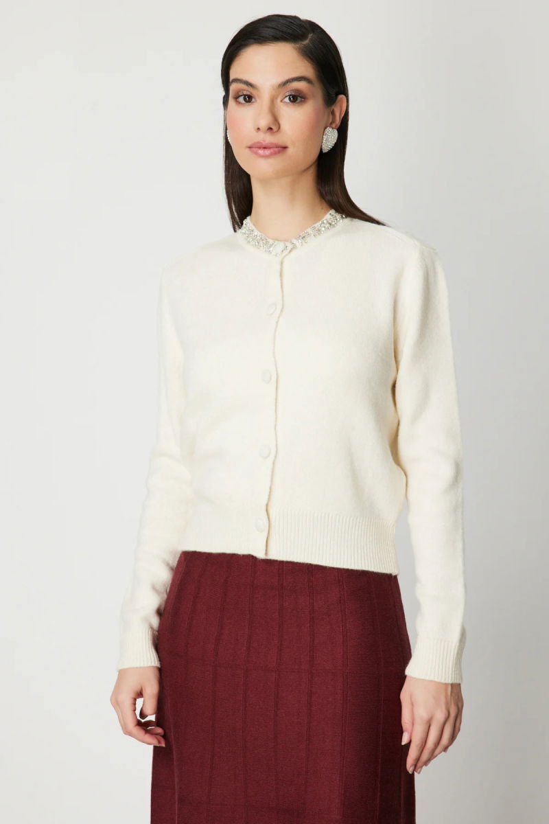 On Kadın Yakası Taşlı Triko Hırka 63927 Krem - 2