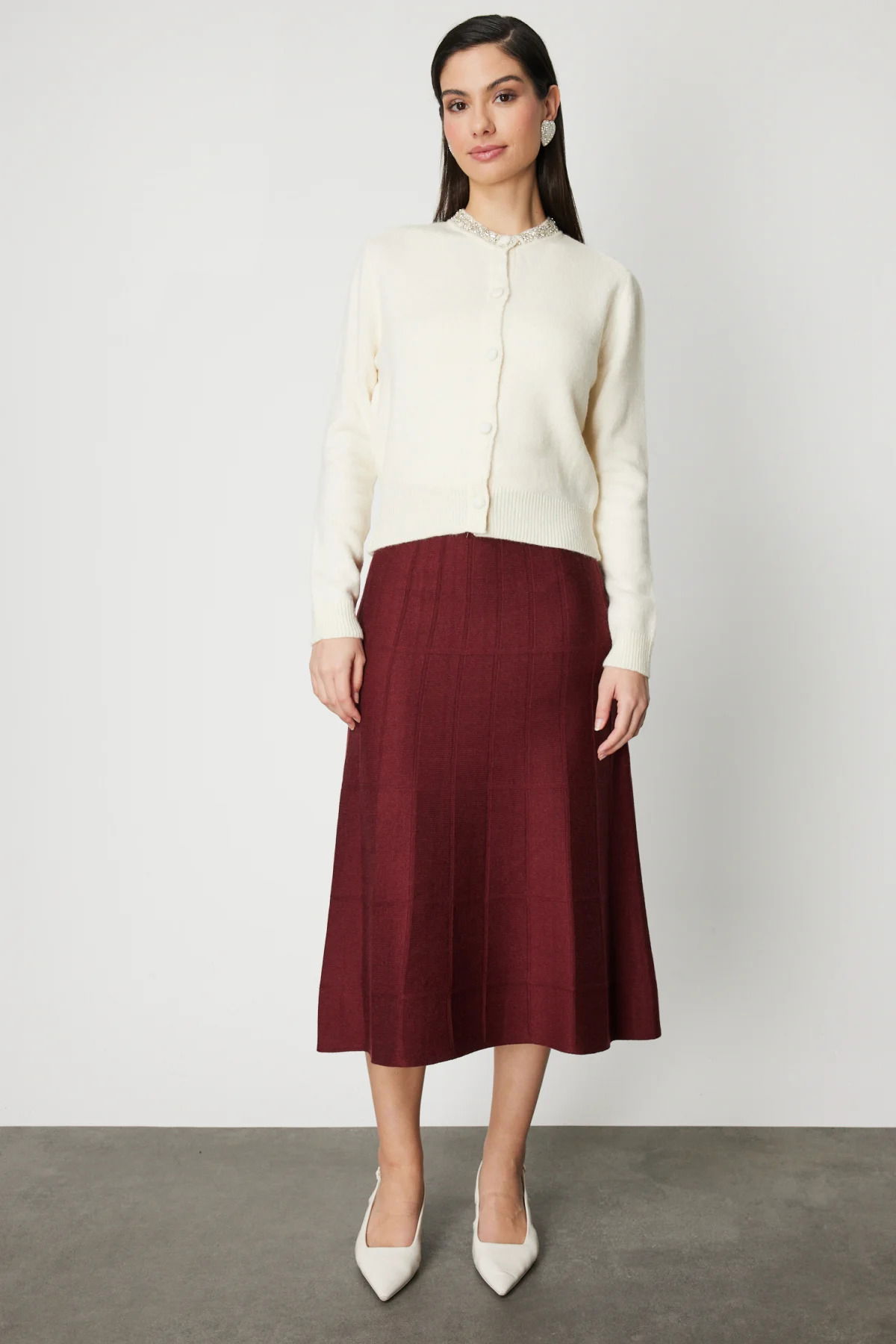 On Kadın Yakası Taşlı Triko Hırka 63927 Krem - 3