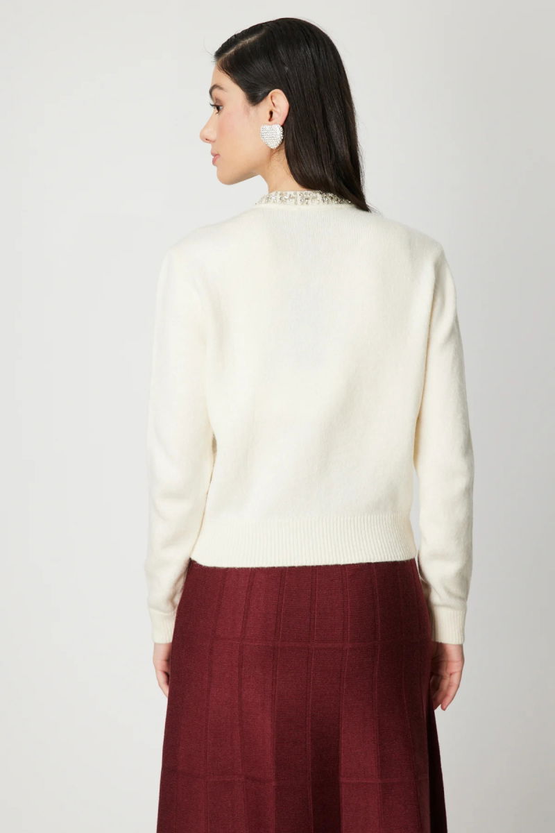 On Kadın Yakası Taşlı Triko Hırka 63927 Krem - 4