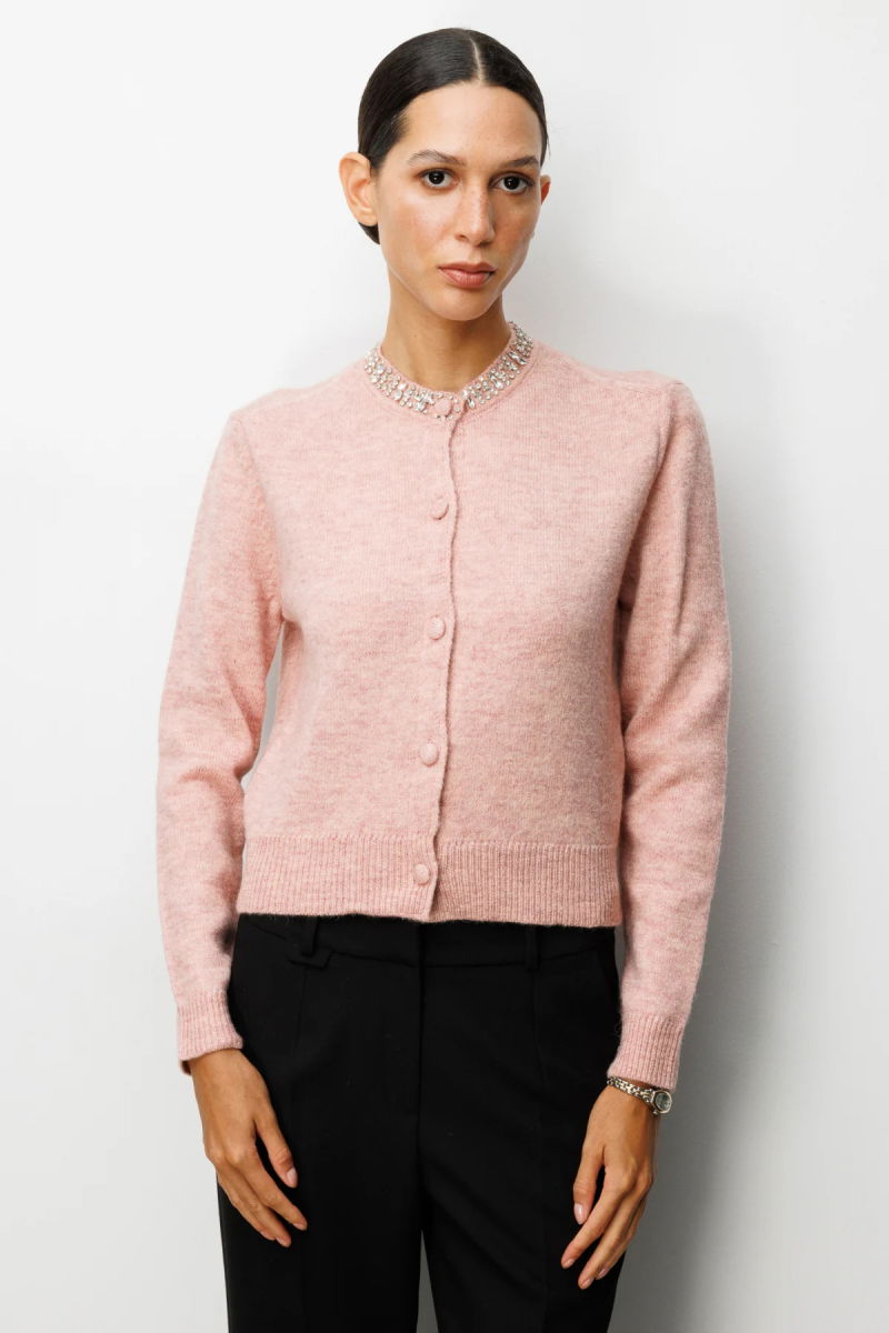 On Kadın Yakası Taşlı Triko Hırka 63927 Pembe 