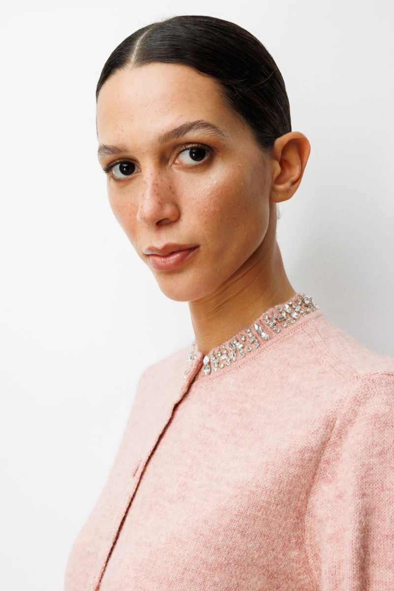 On Kadın Yakası Taşlı Triko Hırka 63927 Pembe - 2