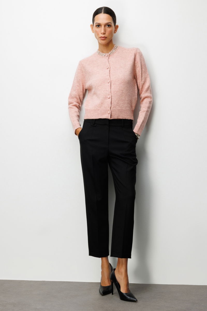 On Kadın Yakası Taşlı Triko Hırka 63927 Pembe - 3