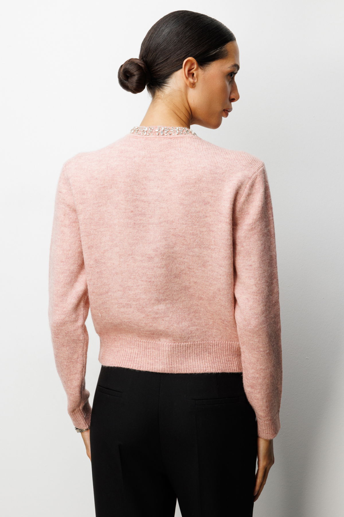 On Kadın Yakası Taşlı Triko Hırka 63927 Pembe - 4