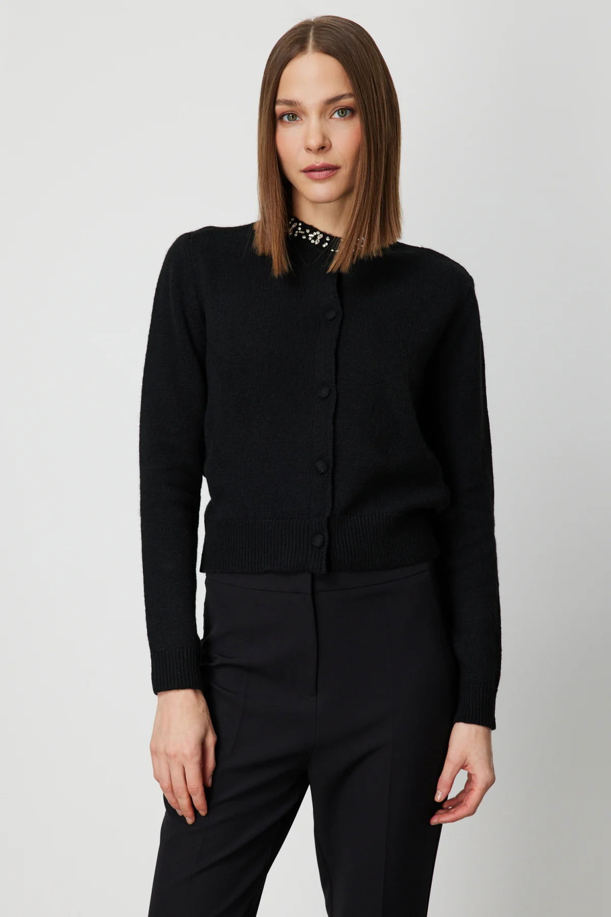 On Kadın Yakası Taşlı Triko Hırka 63927 Siyah - 1