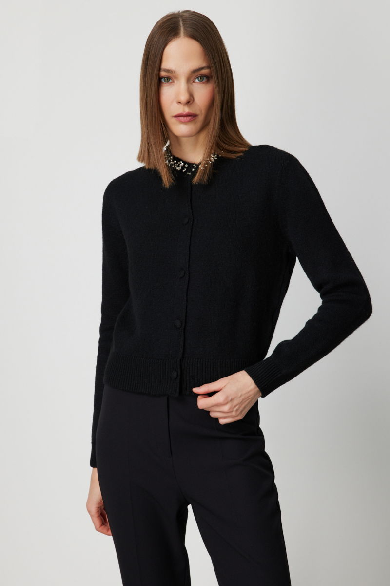 On Kadın Yakası Taşlı Triko Hırka 63927 Siyah - 2