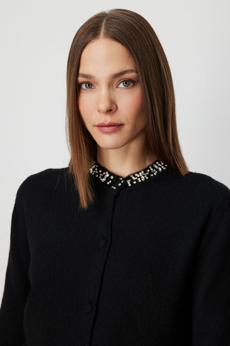 On Kadın Yakası Taşlı Triko Hırka 63927 Siyah - 3